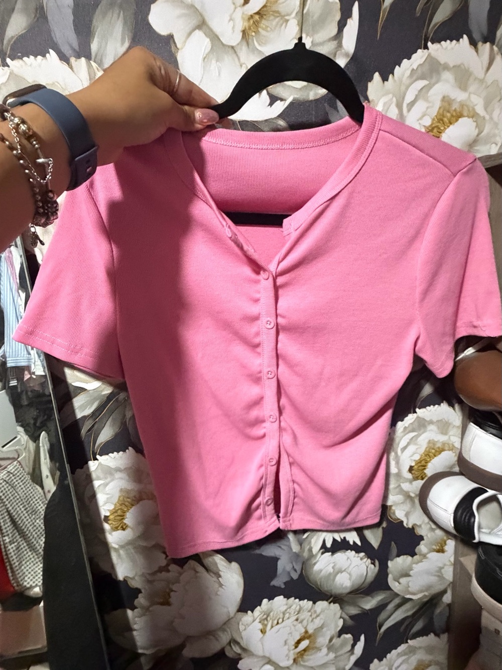 SHEIN Pink Button-Front Cropped Tee